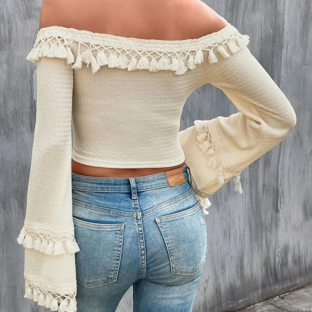 Boho Off Shoulder Tassel Detail Cropped Top - Picture 4 of 11
